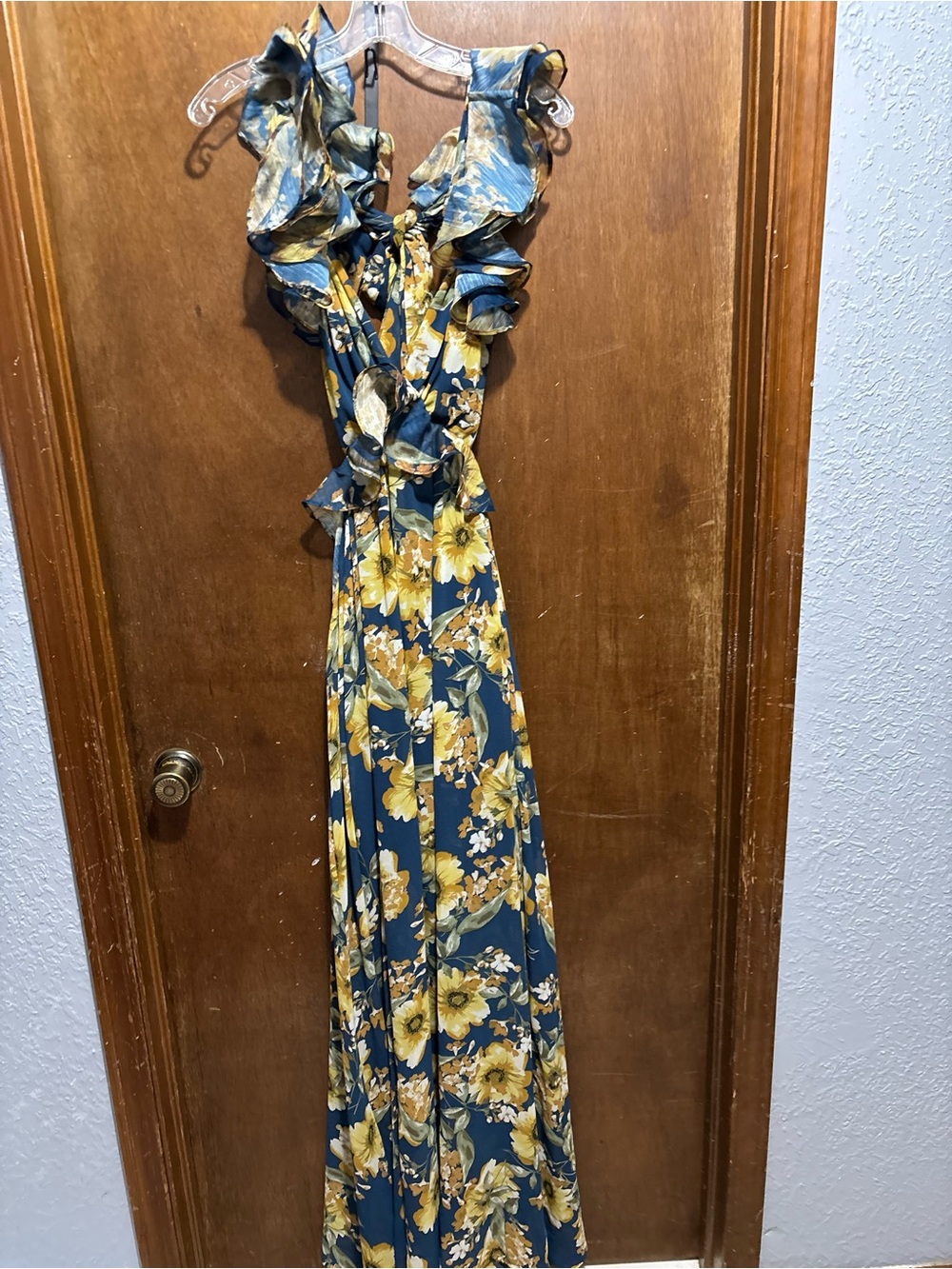 Luxxel Blue Maxi Dress with Yellow Floral Ruffle Detail
